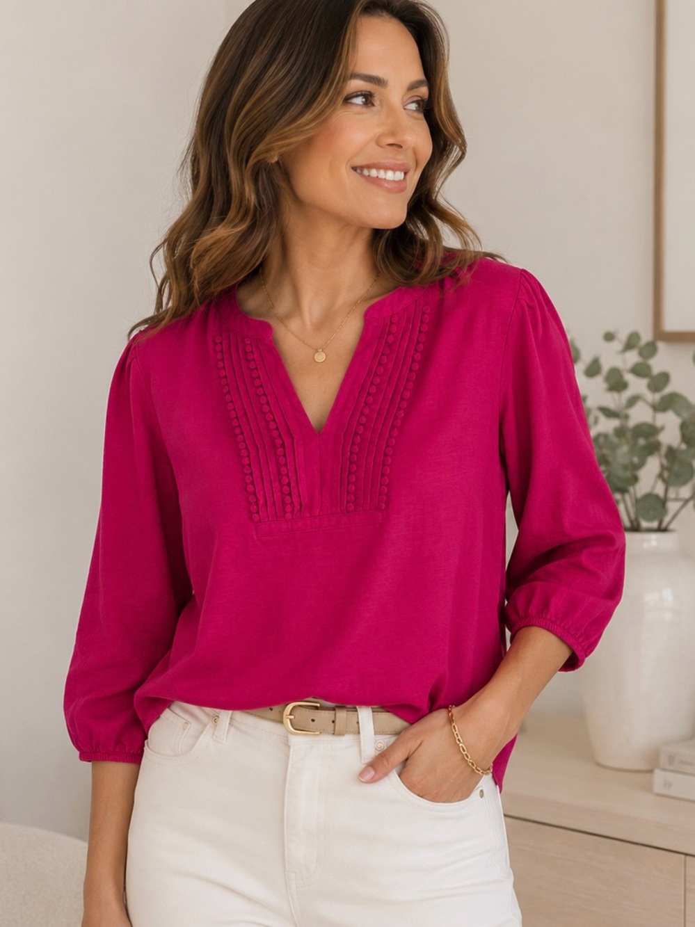 St. John's Bay Split V-Neck Pintuck Blouse in Fuchsia
